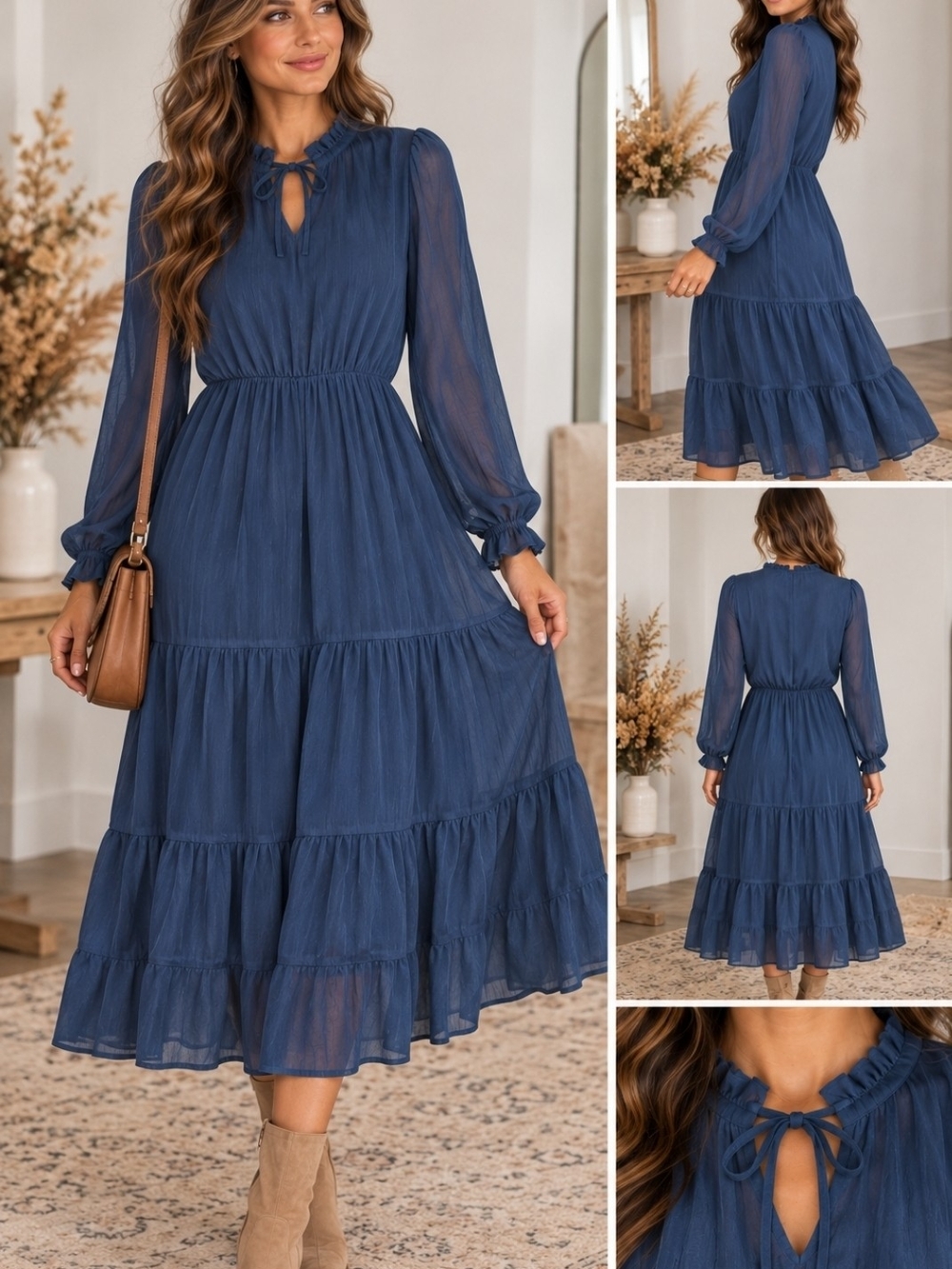 sofia by sofia vergara Navy Blue Tiered Long Sleeve Midi Dress